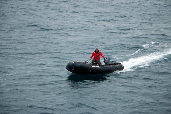 Um zodiac volta para o Sea Spirit para levar mais passageiros a Steeple Jason, no noroeste das Ilhas Malvinas (foto de Jeff Orlowski)